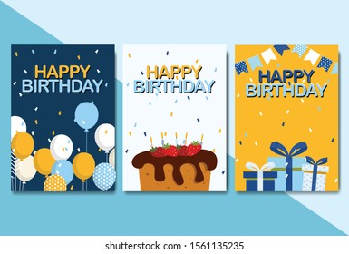 Set of Happy Birthday Poster. Promotion Website and Printing Design for Poster. Flat Gradient Cartoon Vector Illustration in Colored Style. - Vector