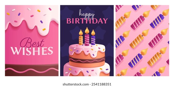 Set of Happy Birthday posters. Adorable plasticine style greeting cards with cake and wishing candles. Design for holiday celebration. 3D cartoon vector illustration collection isolated on background