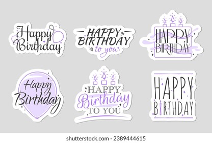 Set of Happy Birthday purple stickers with signs