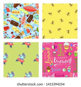 Set of happy birthday seamless pattern with  Balloon, cute hippo, ice-cream and bee. Design for children's textiles, toys, packaging, poster. Flat Art Vector illustration