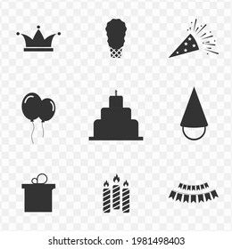 Set Of Happy Birthday Simple Vector Icons In Dark Color And Transparent Background(png). Vector Illustration.