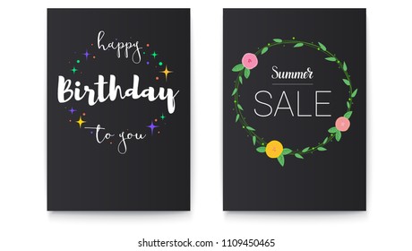 Set of Happy Birthday and Summer sale posters with lettering design. Poster with pictures of flowers with foliage and hand-drawn elements. Calligraphy for prints, posters, invitations