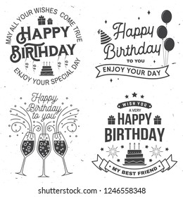 Set of Happy Birthday templates for overlay, badge, sticker, card with bunch of balloons, gifts, champagne glasses and birthday cake with candles. Vector. Vintage design for birthday celebration