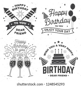 Set of Happy Birthday templates for overlay, badge, sticker, card with bunch of balloons, gifts, champagne glasses and birthday cake with candles. Vector. Vintage design for birthday celebration