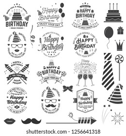 Set of Happy Birthday templates for overlay, badge, sticker, card with bunch of balloons, gifts, firework rockets and birthday cake with candles. Vector. Vintage design for birthday celebration