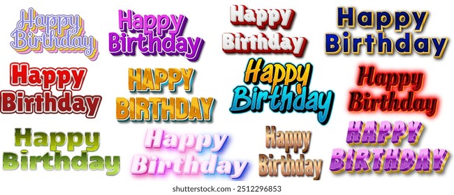 Set of Happy Birthday text styles in different colorful fonts | 3D Happy Birthday bold text styles 