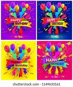 Set of Happy birthday typography design for greeting poster and cards with balloon, confetti and gift box, design template for birthday celebration. Vector illustration isolated on colorful background