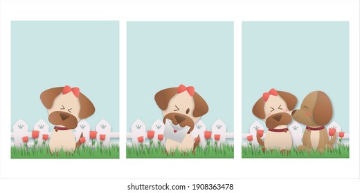 Set Happy Birthday and Valentine's day with character cute dog kissing and Happy smiling. in soft pastel color Paper cut and craft style. Vector illustration.