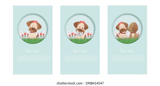 Set Happy Birthday and Valentine's day with character cute dog kissing and Happy smiling. in soft pastel color Paper cut and craft style. Vector illustration.