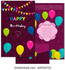 Set Happy Birthday vector cards and envelope. on decorated background.  Happy Birthday template , pattern,  brochure, gift certificate, party invitation, congratulation