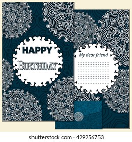 Set Happy Birthday vector cards and envelope. on decorated background.  Happy Birthday template and  mandala pattern,  brochure, gift certificate, party invitation, congratulation