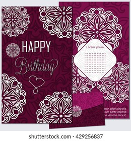 Set Happy Birthday vector cards and envelope. on decorated background.  Happy Birthday template and  mandala pattern,  brochure, gift certificate, party invitation, congratulation
