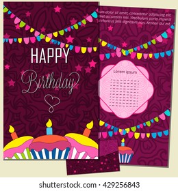 Set Happy Birthday vector cards and envelope. on decorated background.  Happy Birthday template , pattern,  brochure, gift certificate, party invitation, congratulation