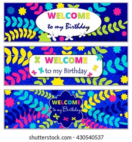 Set Happy Birthday vector cards . on decorated background.  Happy Birthday template , pattern,  brochure, gift certificate, party invitation, congratulation