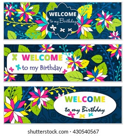 Set Happy Birthday vector cards . on decorated background.  Happy Birthday template , pattern,  brochure, gift certificate, party invitation, congratulation