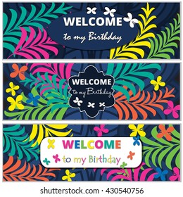 Set Happy Birthday vector cards . on decorated background.  Happy Birthday template , pattern,  brochure, gift certificate, party invitation, congratulation