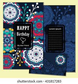 Set Happy Birthday vector cards and envelope. on decorated background.  Happy Birthday template and  mandala pattern,  brochure, gift certificate, party invitation, congratulation