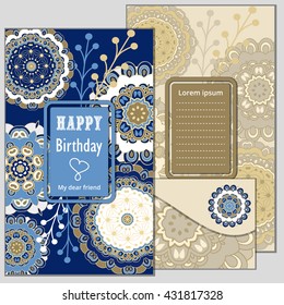 Set Happy Birthday vector cards and envelope. on decorated background.  Happy Birthday template and  mandala pattern,  brochure, gift certificate, party invitation, congratulation