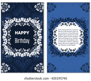 Set Happy Birthday vector cards. on decorated background. Happy Birthday template and mandala pattern, brochure, gift certificate, party invitation, congratulation