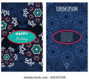 Set Happy Birthday vector cards. on decorated background. Happy Birthday template and mandala pattern, brochure, gift certificate, party invitation, congratulation