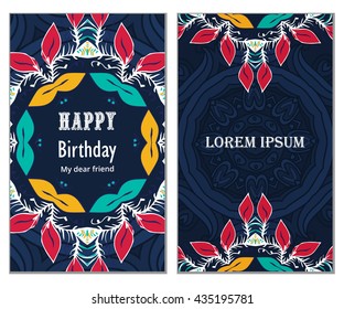 Set Happy Birthday vector cards. on decorated background. Happy Birthday template and mandala pattern, brochure, gift certificate, party invitation, congratulation
