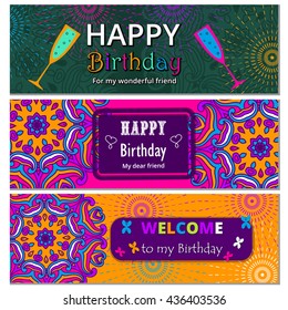 Set Happy Birthday vector cards. on decorated background. Happy Birthday template and mandala pattern, brochure, gift certificate, party invitation, congratulation