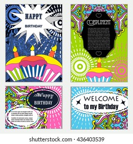 Set Happy Birthday vector cards. on decorated background. Happy Birthday template and mandala pattern, brochure, gift certificate, party invitation, congratulation