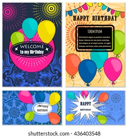 Set Happy Birthday vector cards. on decorated Balloons background. Happy Birthday template and mandala pattern, brochure, gift certificate, party invitation, congratulation