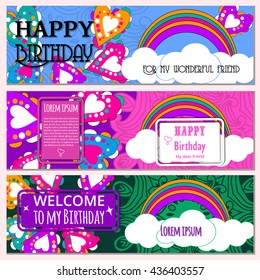 Set Happy Birthday vector cards. on decorated background. Happy Birthday template and mandala pattern, brochure, gift certificate, party invitation, congratulation