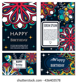 Set Happy Birthday vector cards. on decorated background. Happy Birthday template and mandala pattern, brochure, gift certificate, party invitation, congratulation