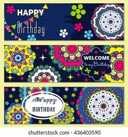 Set Happy Birthday vector cards. on decorated background. Happy Birthday template and mandala pattern, brochure, gift certificate, party invitation, congratulation
