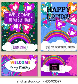 Set Happy Birthday vector cards. on decorated background. Happy Birthday template and mandala pattern, brochure, gift certificate, party invitation, congratulation