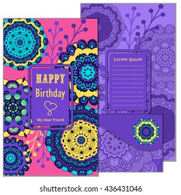 Set Happy Birthday vector cards and envelope. on decorated background. Happy Birthday template and mandala pattern, brochure, gift certificate, party invitation, congratulation