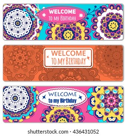 Set Happy Birthday vector cards . on decorated background. Happy Birthday template and mandala pattern, brochure, gift certificate, party invitation, congratulation