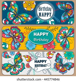 Set Happy Birthday vector cards. on decorated background. butterflies and flowers pattern, brochure, gift certificate, party invitation, congratulation