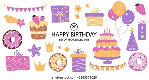 Set of Happy Birthday vector design elements. Gift boxes, balloons, maffin with berry, donuts, cake, flags, flowers. Festive decor.