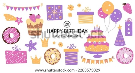 Set of Happy Birthday vector design elements. Gift boxes, balloons, maffin with berry, donuts, cake, flags, flowers. Festive decor.