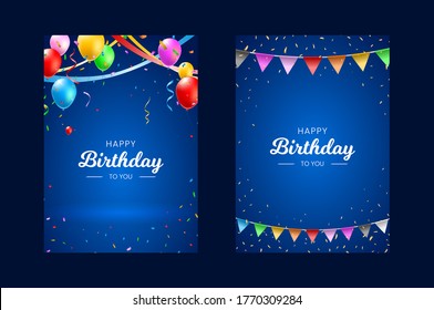 Set of Happy Birthday Vertical Poster with Colorful Balloons , Confetti and Streamers on Dark Background . Isolated Vector Elements