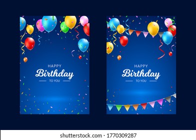 Set of Happy Birthday Vertical Poster with Colorful Balloons , Confetti and Streamers on Dark Background . Isolated Vector Elements