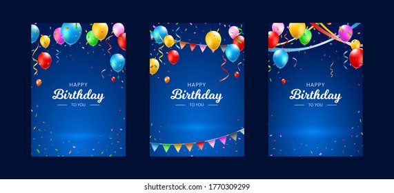 Set of Happy Birthday Vertical Poster with Colorful Balloons , Confetti and Streamers on Dark Background . Isolated Vector Elements