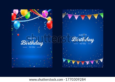 Set of Happy Birthday Vertical Poster with Colorful Balloons , Confetti and Streamers on Dark Background . Isolated Vector Elements