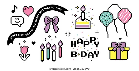 Set of happy birthday y2k pixel icons. Pixel art. Party cake. Smile face. Present. Funny birthday party sticker. Game abstract elements. Bright modern shape for collage and posters on white background