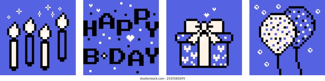 Conjunto de ícones de pixels Y2k de Feliz Aniversário. Pixel art. Festa. Cartão quadrado definido. Presente. Engraçado adesivo de festa de aniversário. Elementos abstratos do jogo. Forma moderna brilhante para post, cartazes, cartão, bg na cor azul