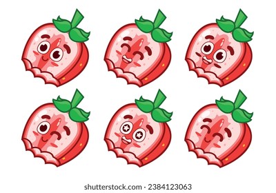 Set of happy bitten cute strawberries. Animated fruit character. Whole, half, and bitten strawberries on a white background.