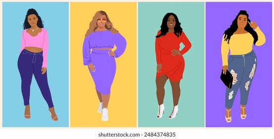 Set of happy black curvy women in stylish modern clothes. Diverse plus size female beauties wearing casual street fashion outfits. Flat vector realistic illustration isolated on colorful background