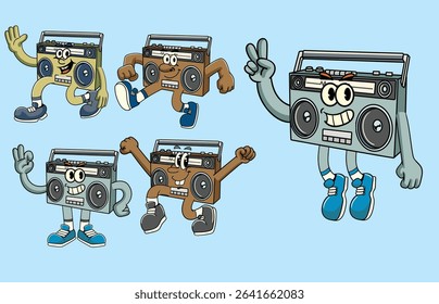 Set of Happy Boombox retro music player in Various Poses Character Cartoon Illustration Retro style