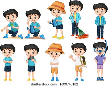 Set of happy boy doing different activities on isolated background illustration