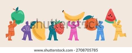 Set of happy Boy and girl with fruit. Vitamins, healthy food. Colorful vector illustration
