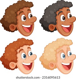 Set of happy boy head with curly hair illustration