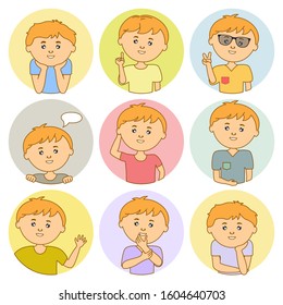 set of Happy boy laughing in a circular window. Modern design, minimal flat style people. Vector illustration.